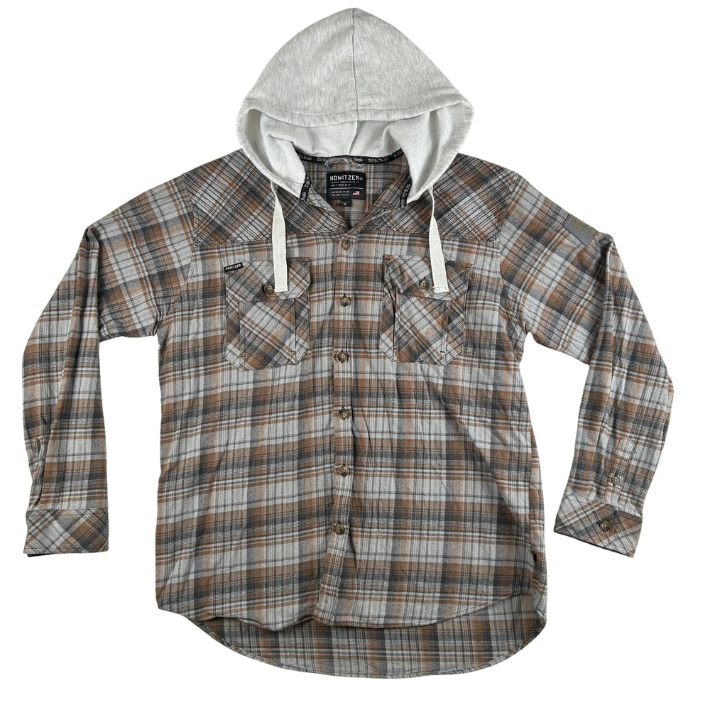 Howitzer Shirt Mens XL‎ Brown Plaid Flannel Hooded Long Sleeve Button Patriotic
